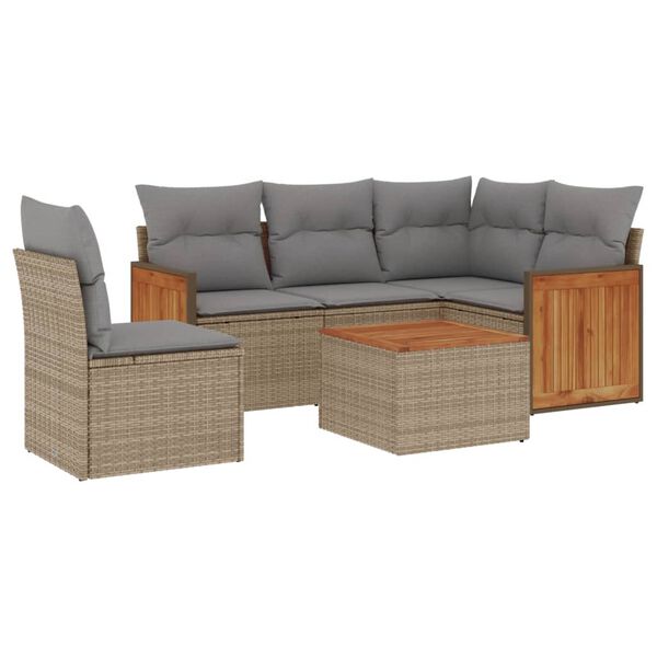 vidaXL 6-delige Loungeset met kussens poly rattan beige