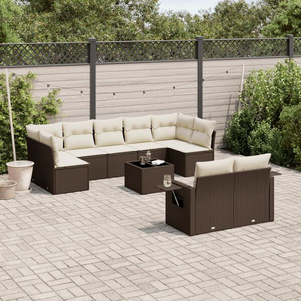 vidaXL 10-delige Loungeset met kussens poly rattan bruin