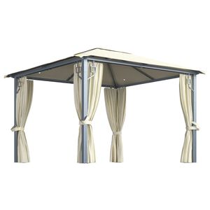 vidaXL Prieel met gordijn en LED-lichtslinger 3x3 m aluminium cr&egrave;me