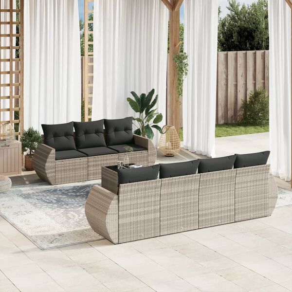 vidaXL 8-delige Loungeset met kussens poly rattan lichtgrijs