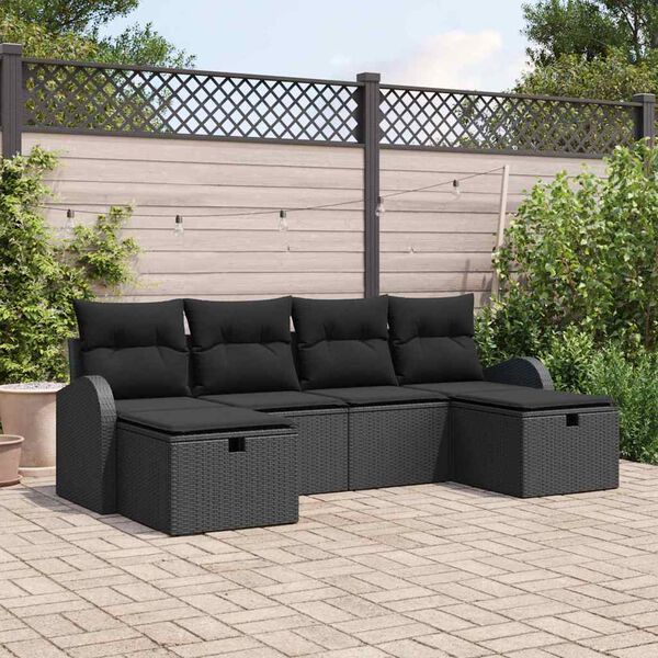 vidaXL Bankstel met kussen met opslag 6 pcs Zwart poly rattan