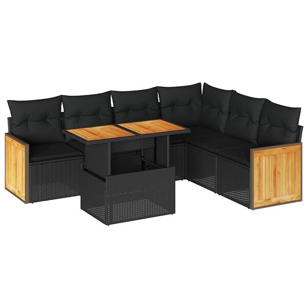 vidaXL 7-delige Loungeset met kussens poly rattan acacia zwart