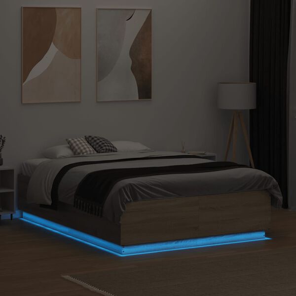 vidaXL Bedframe met LED-verlichting sonoma eikenkleurig 135x190 cm