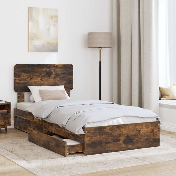 vidaXL Opslag bed met lade Gerookt eiken 90 x 190 cm Bewerkt hout