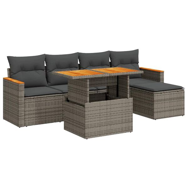 vidaXL 6-delige Loungeset met kussens poly rattan acacia grijs