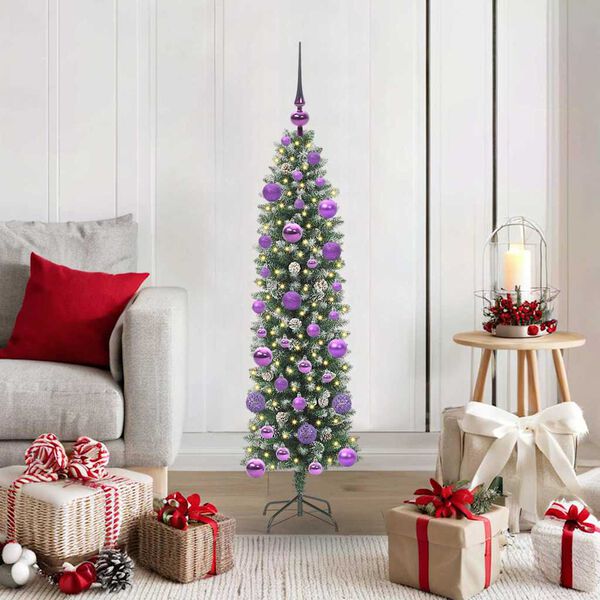 vidaXL Kunstmatige slanke kerstboom met 150 LED Groen en Wit 120 cm
