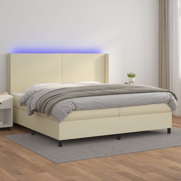 vidaXL Boxspring met matras en LED kunstleer cr&egrave;mekleurig 200x200 cm
