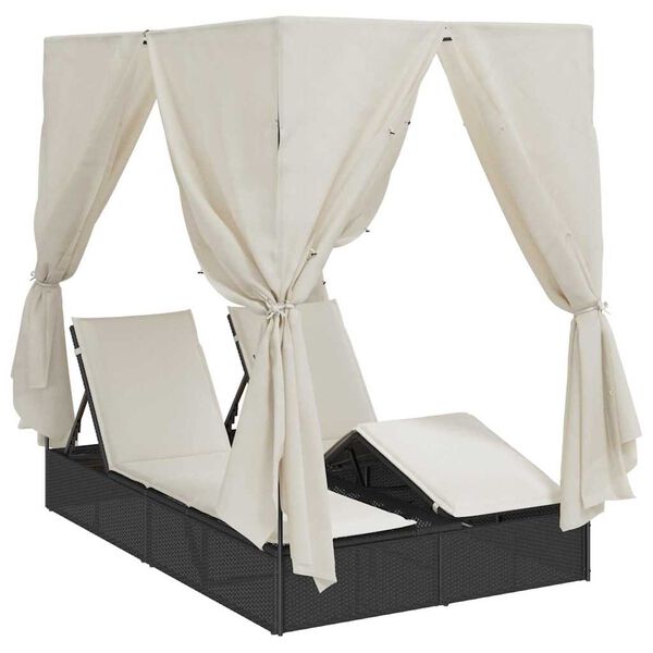 vidaXL Dubbele Zonnebed met Dak Zwart 205 x 129 x 200 cm PE riet