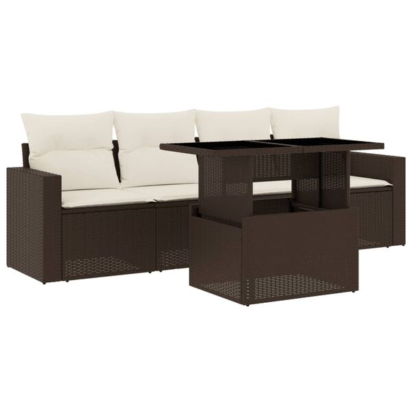 vidaXL 5-delige Loungeset met kussens poly rattan bruin