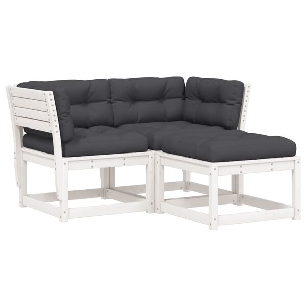 vidaXL 3-delige Loungeset met kussens massief grenenhout wit