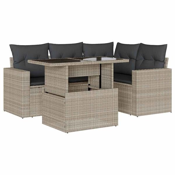 vidaXL 5-delige Loungeset met kussens poly rattan lichtgrijs