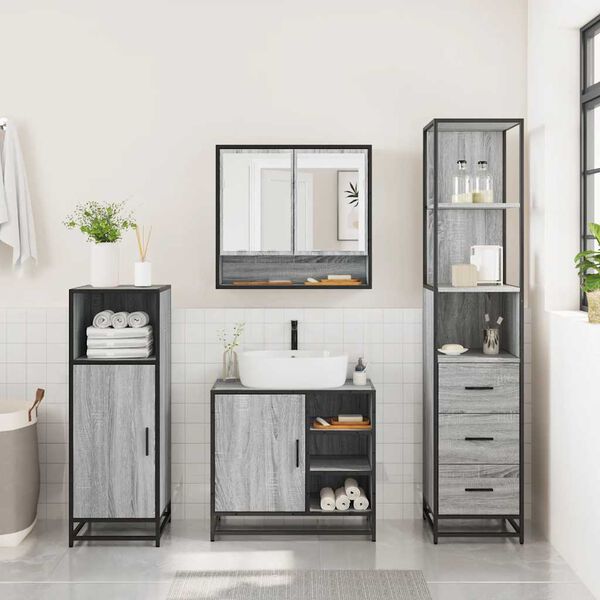 vidaXL 3-delige Badkamermeubelset bewerkt hout grijs sonoma eikenkleur