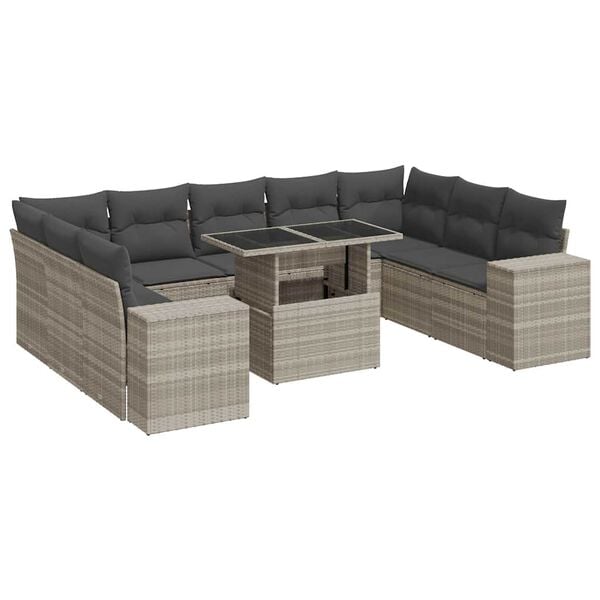 vidaXL 10-delige Loungeset met kussens poly rattan lichtgrijs