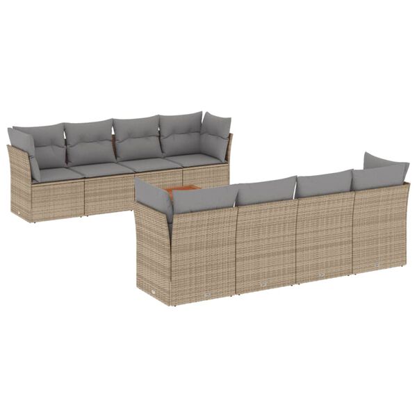 vidaXL 9-delige Loungeset met kussens poly rattan beige
