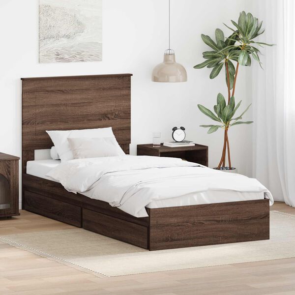 vidaXL Opslag bed met hoofdeinde Bruin Eiken 75 x 190 cm Bewerkt hout