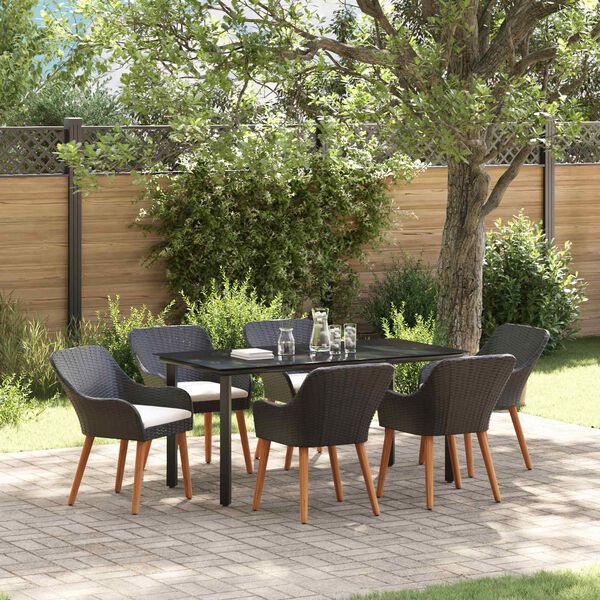 vidaXL Tuin Eetset met kussen 7 pcs Zwart poly rattan