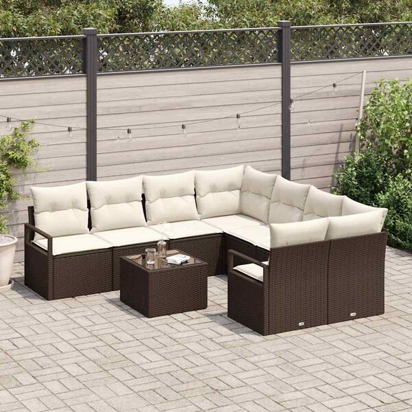 vidaXL Bankstel met kussen 9 pcs Bruin en Cr&egrave;me poly rattan