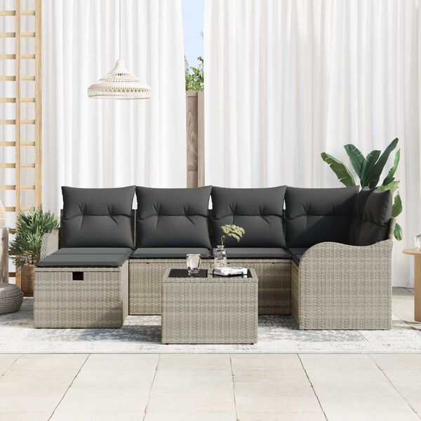 vidaXL Tuin Sofa Set met kussen met opslag 7 pcs Lichtgrijs Poly riet