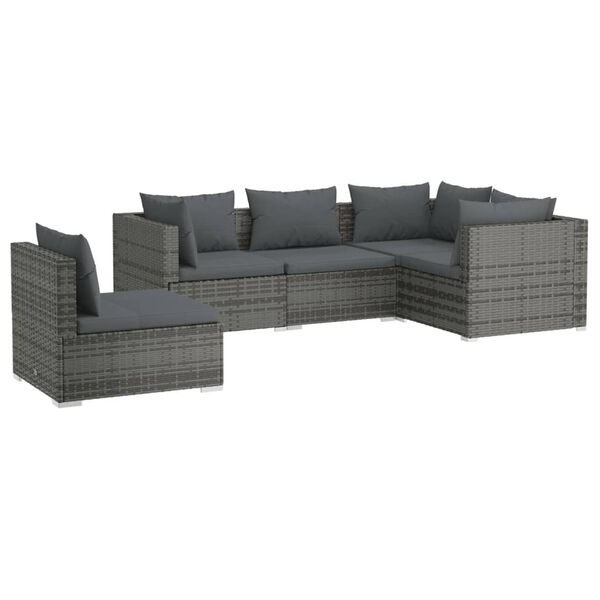 vidaXL 5-delige Loungeset met kussens poly rattan grijs