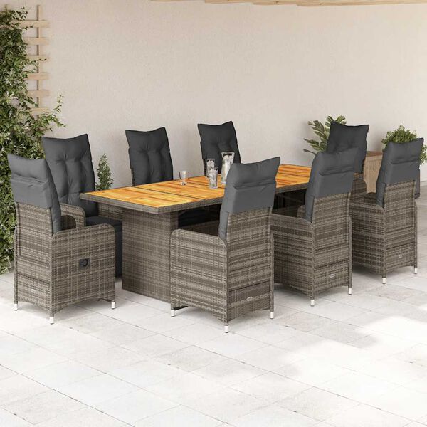vidaXL 9-delige Bistroset met kussens poly rattan grijs