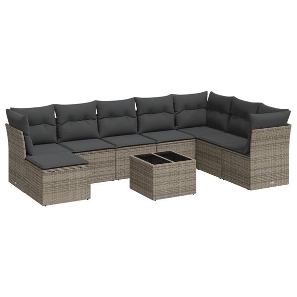 vidaXL 9-delige Loungeset met kussens poly rattan grijs