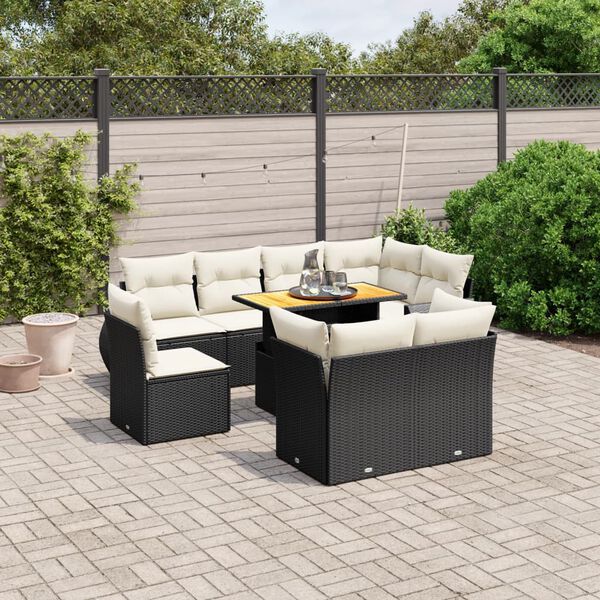 vidaXL 9-delige Loungeset met kussens poly rattan zwart