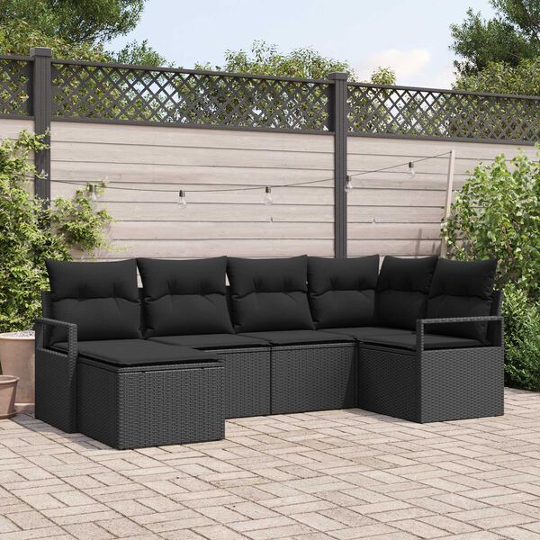vidaXL Bankstel met kussen met opslag 6 pcs Zwart poly rattan