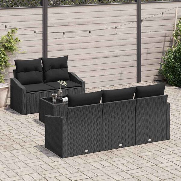 vidaXL Bankstel met kussen met opslag 6 pcs Zwart poly rattan