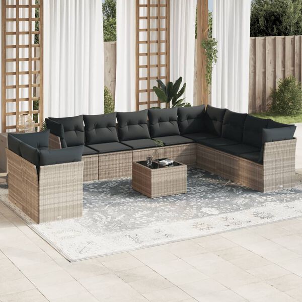 vidaXL 11-delige Loungeset met kussens poly rattan lichtgrijs