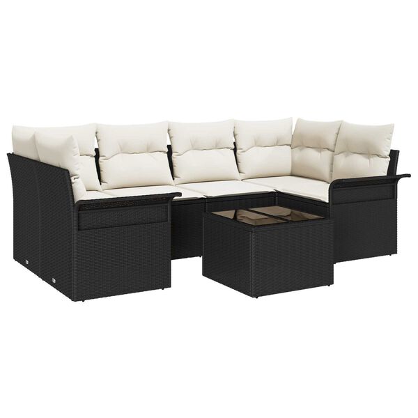 vidaXL Tuin Sofa Set 7 pcs Zwart en Cr&egrave;me Poly rattan, staal en glas