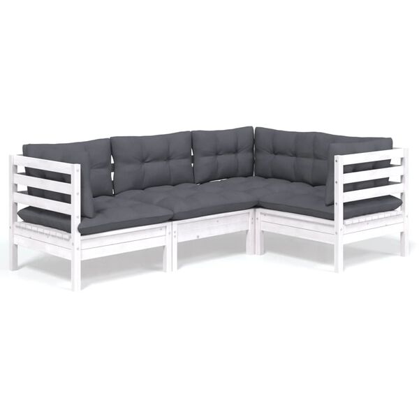 vidaXL 4-delige Loungeset met kussens grenenhout wit