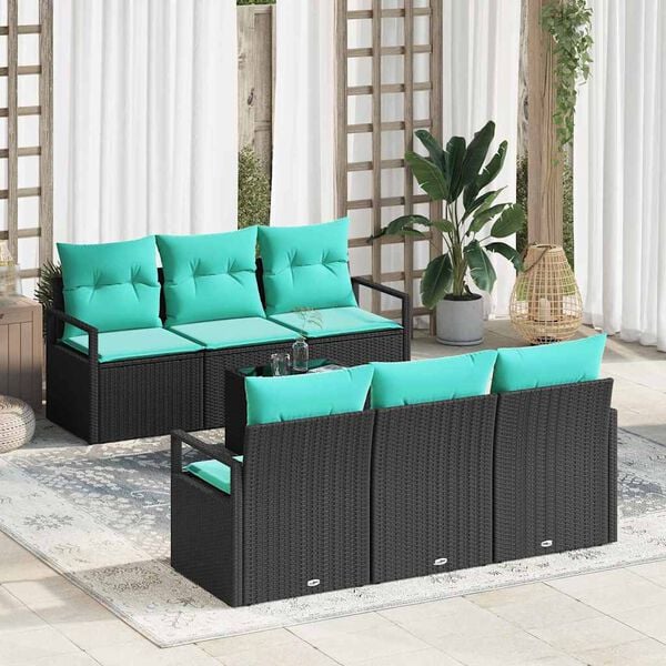 vidaXL Bankstel met kussen 7 pcs Zwart en Turquoise poly rattan