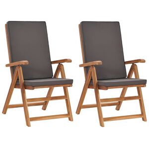 vidaXL Opklapbare relaxstoelen met kussens, 2 stuks, massief teakhout, grijs