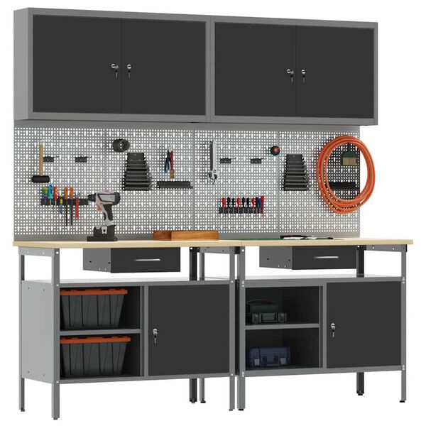 vidaXL Werkbankset met lade met plank met opslag met slot Zwart Staal