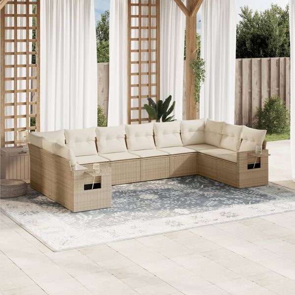vidaXL 10-delige Loungeset met kussens poly rattan beige