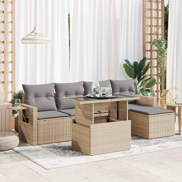vidaXL 6-delige Loungeset met kussens poly rattan beige