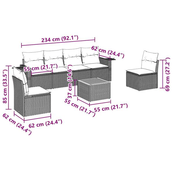 vidaXL 7-delige Loungeset met kussens poly rattan zwart