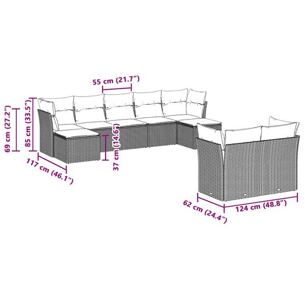 vidaXL 9-delige Loungeset met kussens poly rattan lichtgrijs