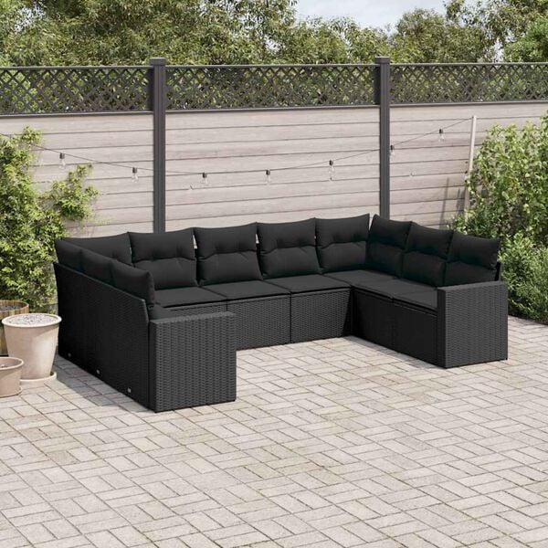 vidaXL 9-delige Loungeset met kussens poly rattan zwart