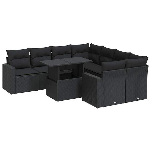 vidaXL 9-delige Loungeset met kussens poly rattan zwart