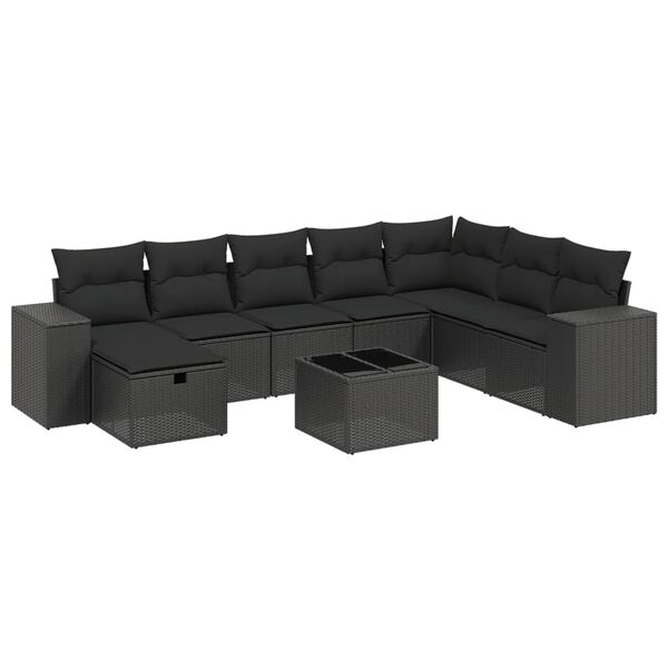 vidaXL 9-delige Loungeset met kussens poly rattan zwart
