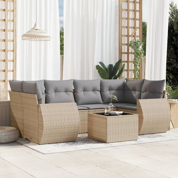 vidaXL 7-delige Loungeset met kussens poly rattan beige