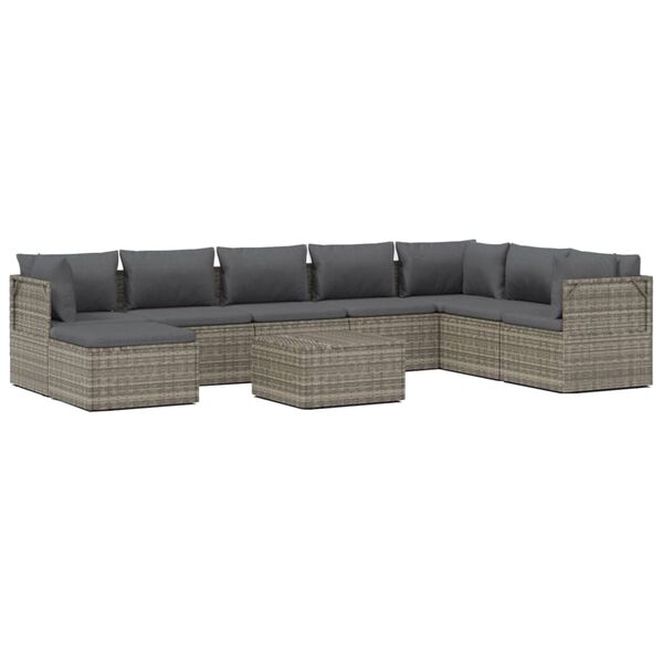 vidaXL 9-delige Loungeset met kussens poly rattan grijs