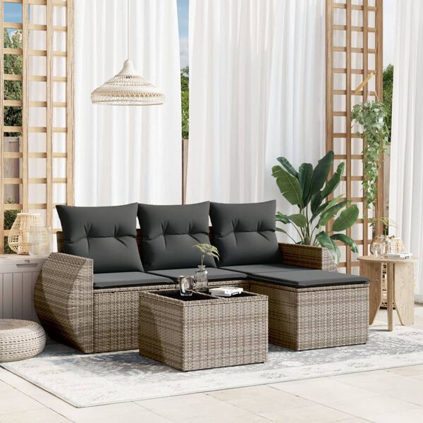 vidaXL 5-delige Loungeset met kussens poly rattan grijs