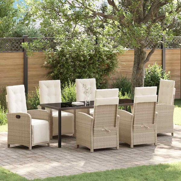 vidaXL Tuin eettafelset met kussen 7 pcs Beige poly rattan