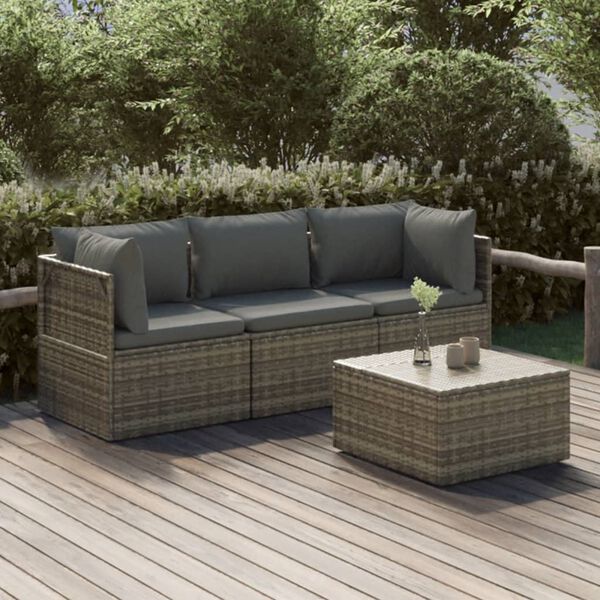 vidaXL 4-delige Loungeset met kussens poly rattan grijs