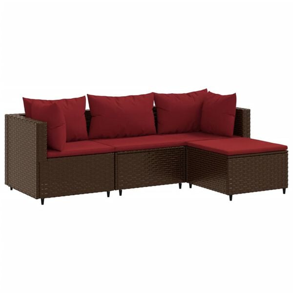 vidaXL 4-delige Loungeset met kussens poly rattan bruin