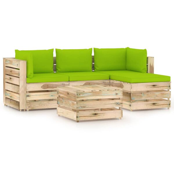 vidaXL 5-delige Loungeset met kussens groen ge&iuml;mpregneerd hout