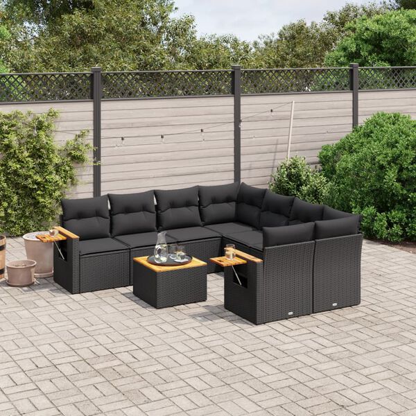 vidaXL 9-delige Loungeset met kussens poly rattan zwart