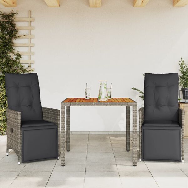 vidaXL 3-delige Bistroset met kussens poly rattan grijs